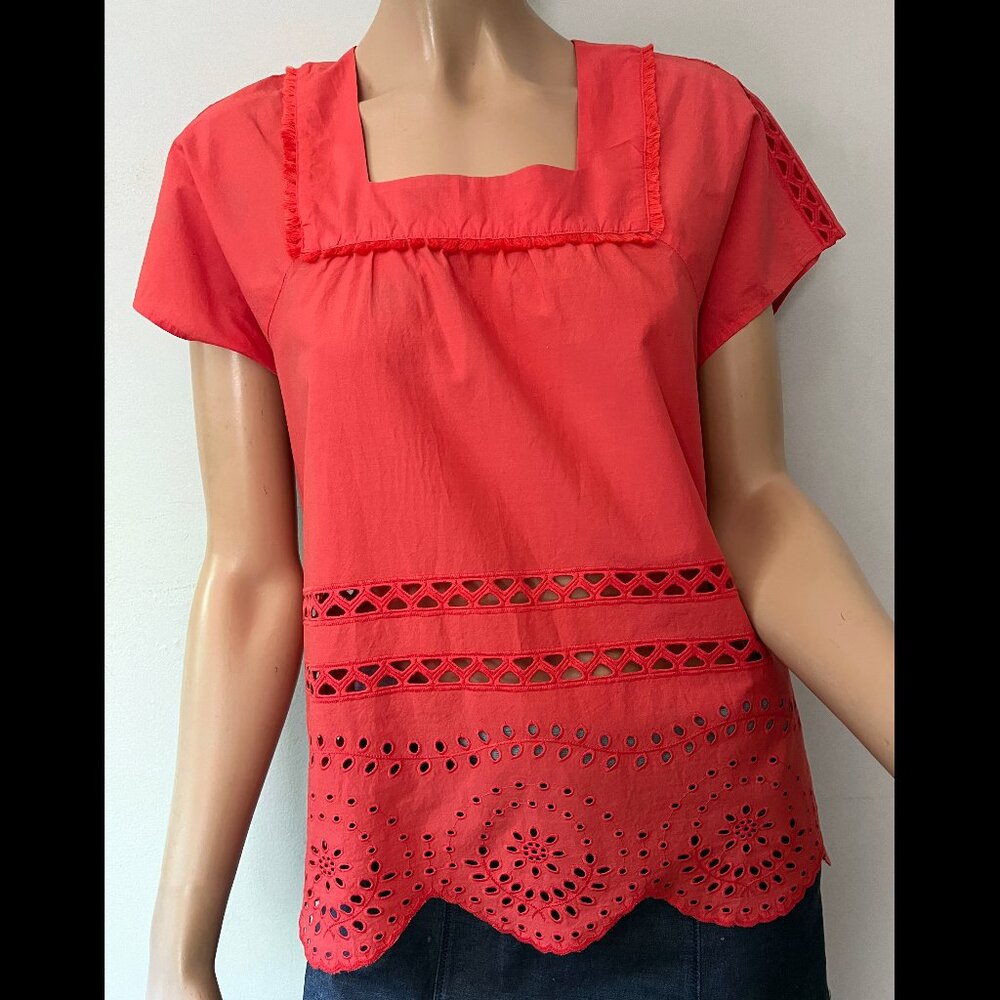 Madewell red cotton short sleeve blouse with eyelet detail XS